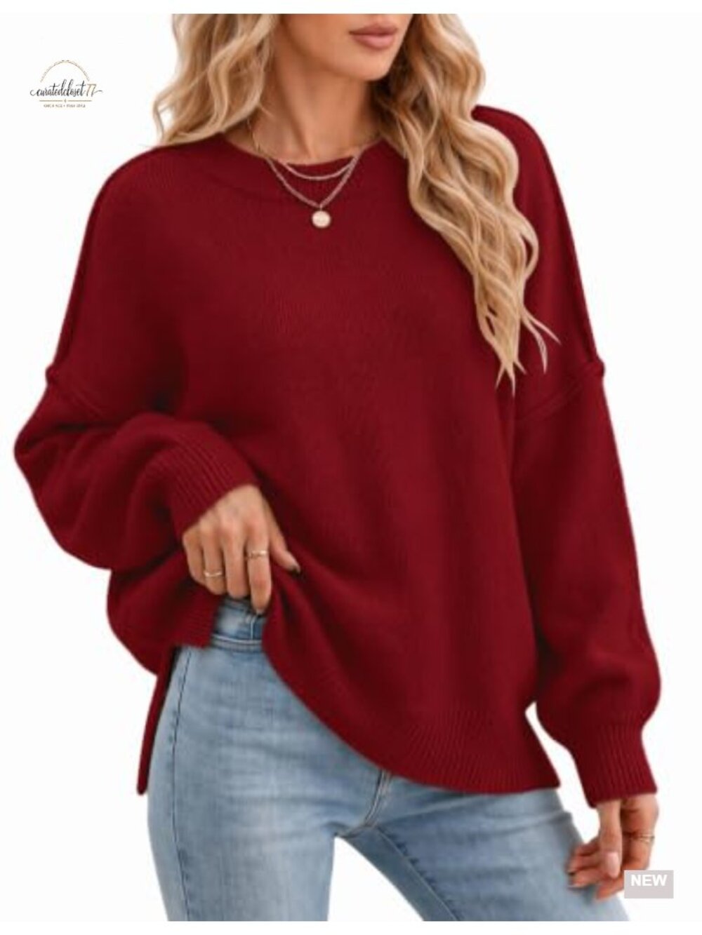 Oversized Batwing Sleeve Knit Pullover Sweater Crew Neck High Low Hem
